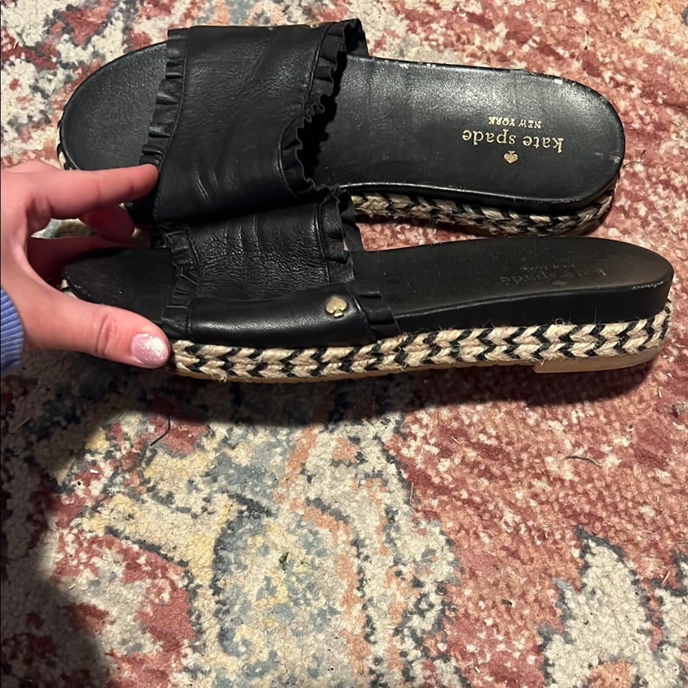 kate spade Black Leather Espadrille Slide Sandals with Braided Jute Trim